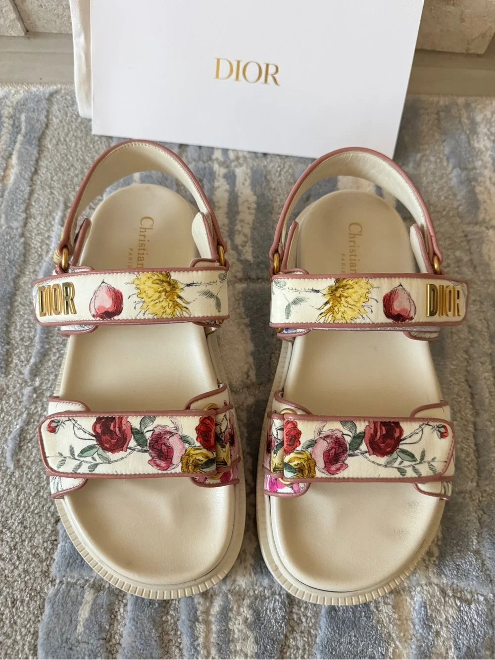 Dior Cream & Pink Floral DiorAct Dad Sandals - Gold Hardware